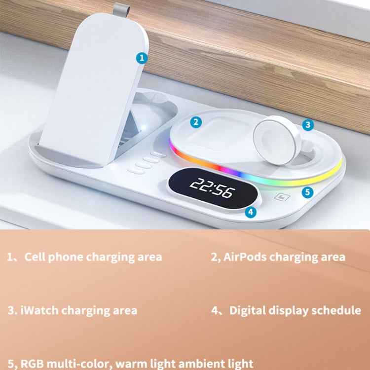 A06 3 in 1 Wireless Charger Fast Charging RGB Atmosphere Light with Clock For Smart Phone & iWatch & AirPods
