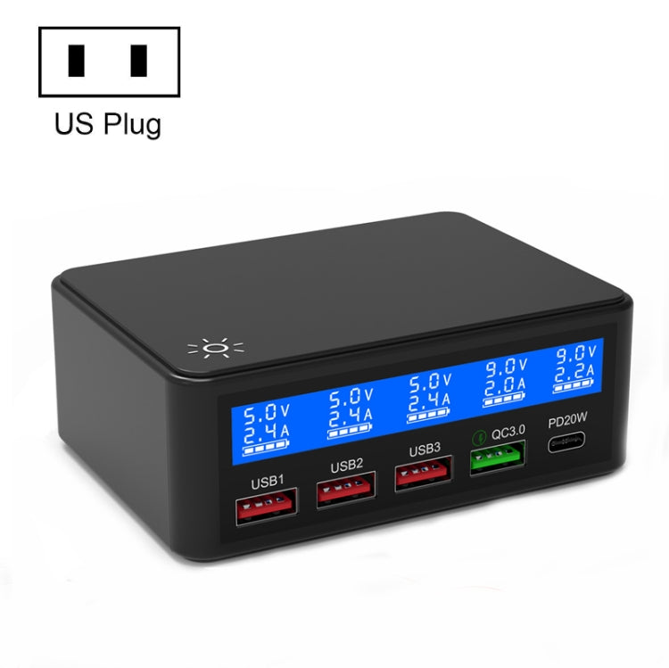 618 QC3.0 + PD20W + 3 x USB Ports Charger with Smart LCD Display,, EU Plug (Black), US Plug (Black), AU Plug (Black), UK Plug (Black), EU Plug (White), US Plug (White), AU Plug (White), UK Plug (White)