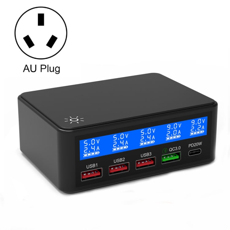 618 QC3.0 + PD20W + 3 x USB Ports Charger with Smart LCD Display,, EU Plug (Black), US Plug (Black), AU Plug (Black), UK Plug (Black), EU Plug (White), US Plug (White), AU Plug (White), UK Plug (White)