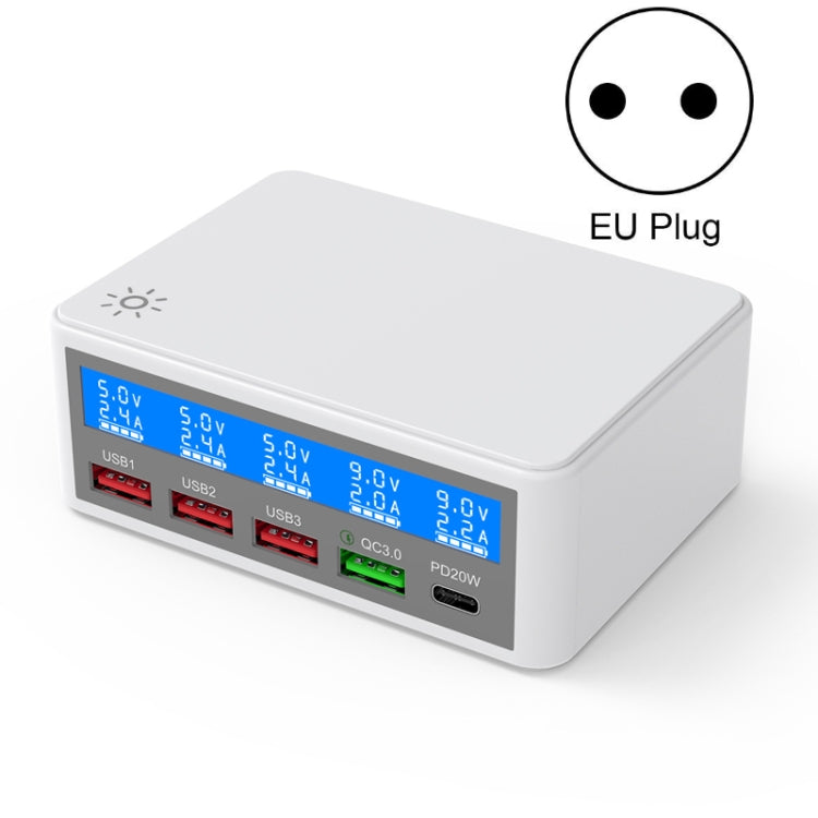 618 QC3.0 + PD20W + 3 x USB Ports Charger with Smart LCD Display,, EU Plug (Black), US Plug (Black), AU Plug (Black), UK Plug (Black), EU Plug (White), US Plug (White), AU Plug (White), UK Plug (White)