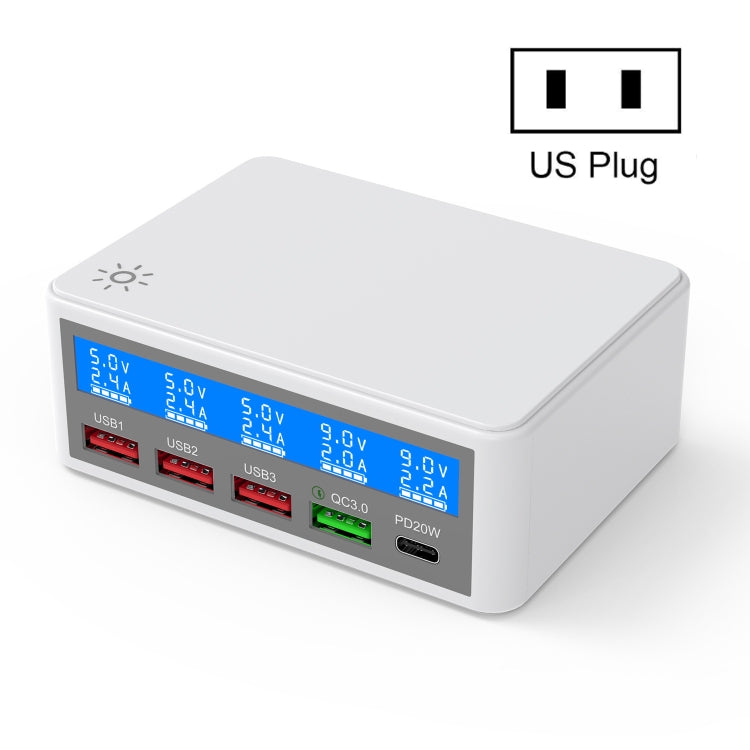 618 QC3.0 + PD20W + 3 x USB Ports Charger with Smart LCD Display,, EU Plug (Black), US Plug (Black), AU Plug (Black), UK Plug (Black), EU Plug (White), US Plug (White), AU Plug (White), UK Plug (White)