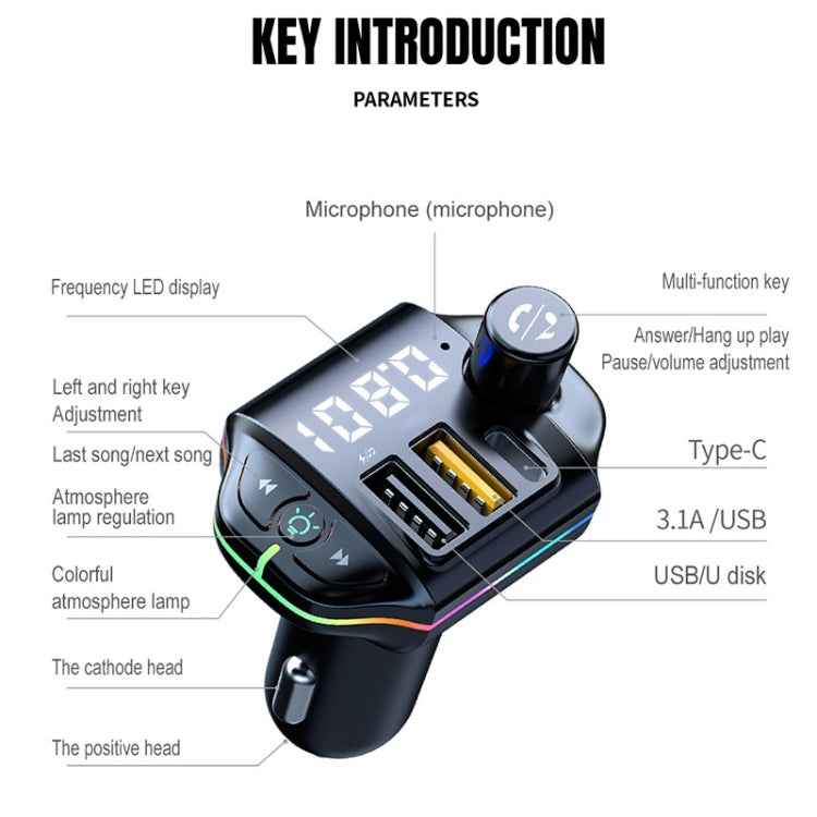 A10 Colorful Atmosphere Light FM Bluetooth Transmitter Car Charger