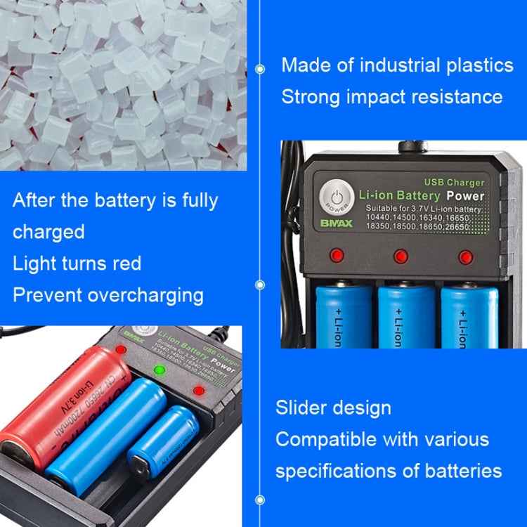 BMAX 18650 3 Slot USB Charging Seat 3.7/4.2V Independent Lithium Battery Charger