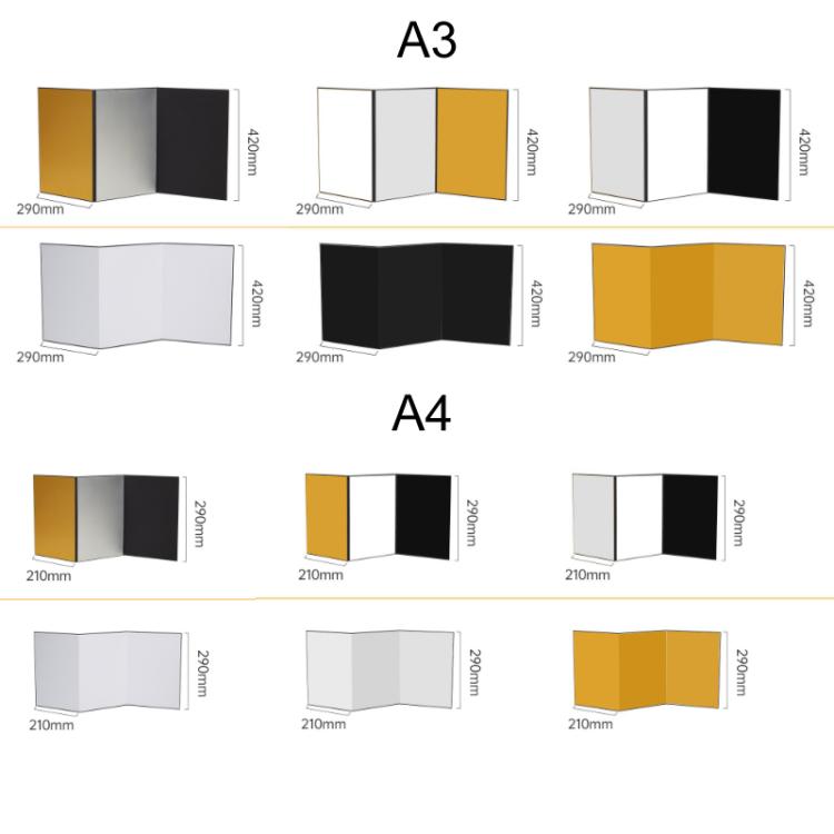Tri-Fold Photography Cardstock Reflector Props, A3 One Side All White, A3 One Side All Black, A3 One Side All Gold, A4 One Side All White, A4 One Side All Silver, A4 One Side All Gold