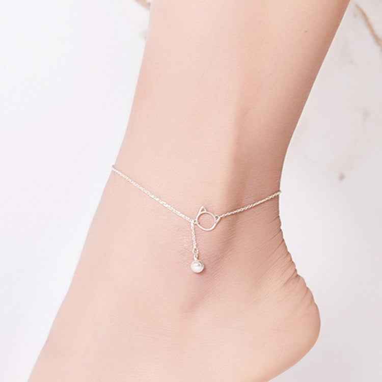 SCT003 Cat Bell 925 Silver Anklet White Gold Plated Simple Ladies Anklet