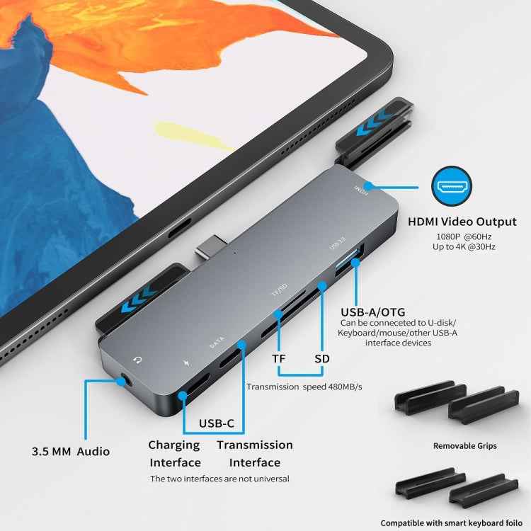 For IPad Pro 7-In-1 HDMI 4K + 3.5mm Audio + SD/TF+ 1 USB 3.0 + USB-C/Type-C + PD USB-C Docking Station