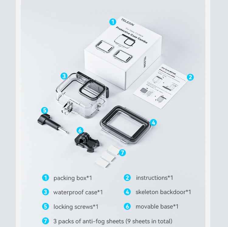 For GoPro Hero11 Black / HERO10 Black / HERO9 Black TELESIN Waterproof Case Full Scene Anti-Fog Underwater Diving Housing