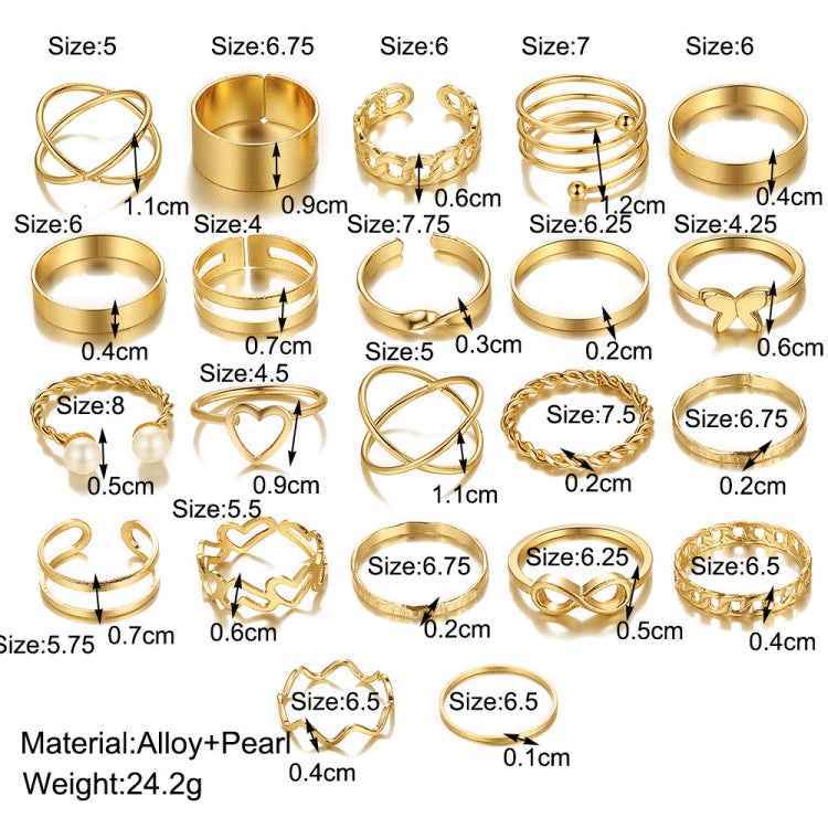 22pcs/set Heart Butterfly Joint Open Ring, 22pcs/set Gold 7161, 22pcs/set Silver 6699