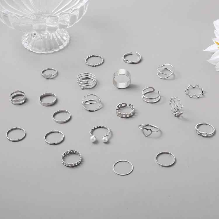 22pcs/set Heart Butterfly Joint Open Ring, 22pcs/set Gold 7161, 22pcs/set Silver 6699