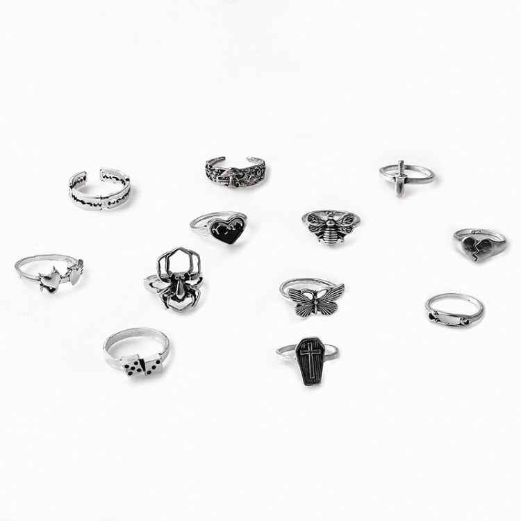 12pcs/set Heart Cross Butterfly Mushroom Spider Open Ring, 12pcs/set 6015