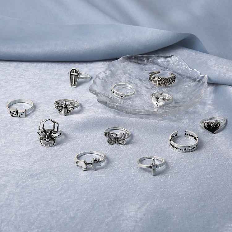 12pcs/set Heart Cross Butterfly Mushroom Spider Open Ring, 12pcs/set 6015