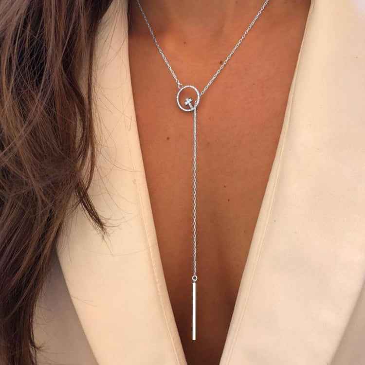Cross Round Metal Rod Alloy Long Sweater Chain Necklace, SKU1130 Silver