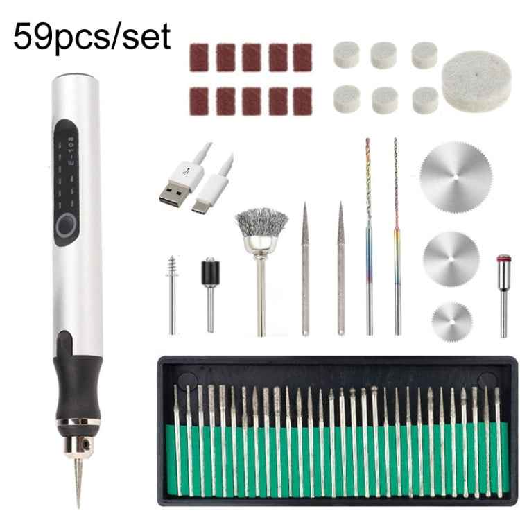 E108 59pcs/set Wireless Portable USB Rechargeable Mini Electric Drill Pen, Silver, Rose Gold