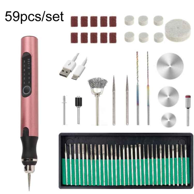E108 59pcs/set Wireless Portable USB Rechargeable Mini Electric Drill Pen, Silver, Rose Gold