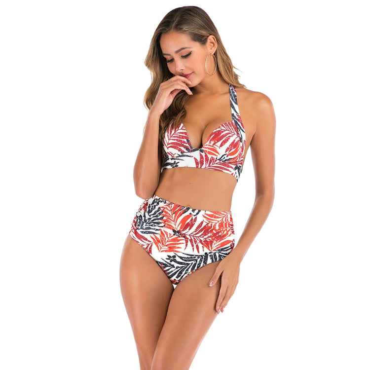 Lace-Up Halter Backless High-Waisted Swimsuit Split Printed Bikini Swimsuit, S, M, L