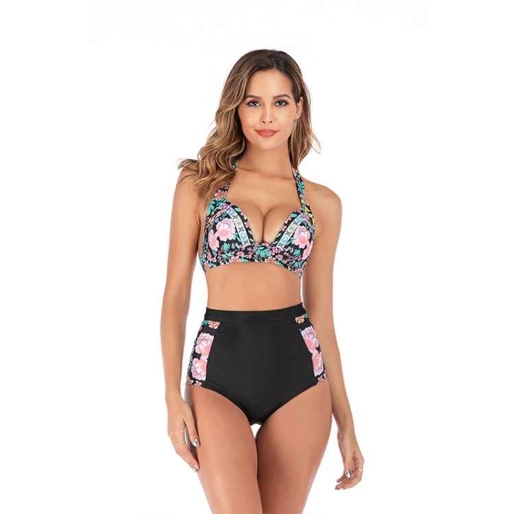 Lace-Up Halter Backless High-Waisted Swimsuit Split Printed Bikini Swimsuit, XL, XXL, XXXL