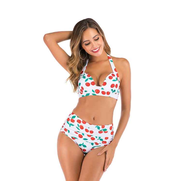 Lace-Up Halter Backless High-Waisted Swimsuit Split Printed Bikini Swimsuit, XL, XXL, XXXL