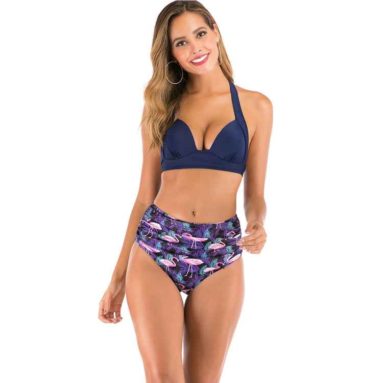 Lace-Up Halter Backless High-Waisted Swimsuit Split Printed Bikini Swimsuit, XL, XXL, XXXL