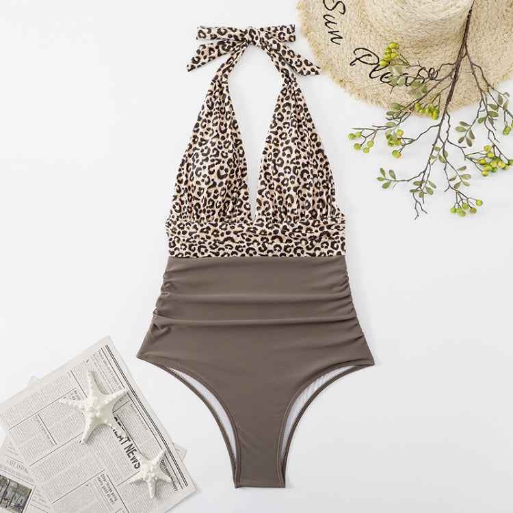 Summer One-piece Backless Lace-Up Ladies Swimsuit Floral-print Halter Bikini, S, M, L