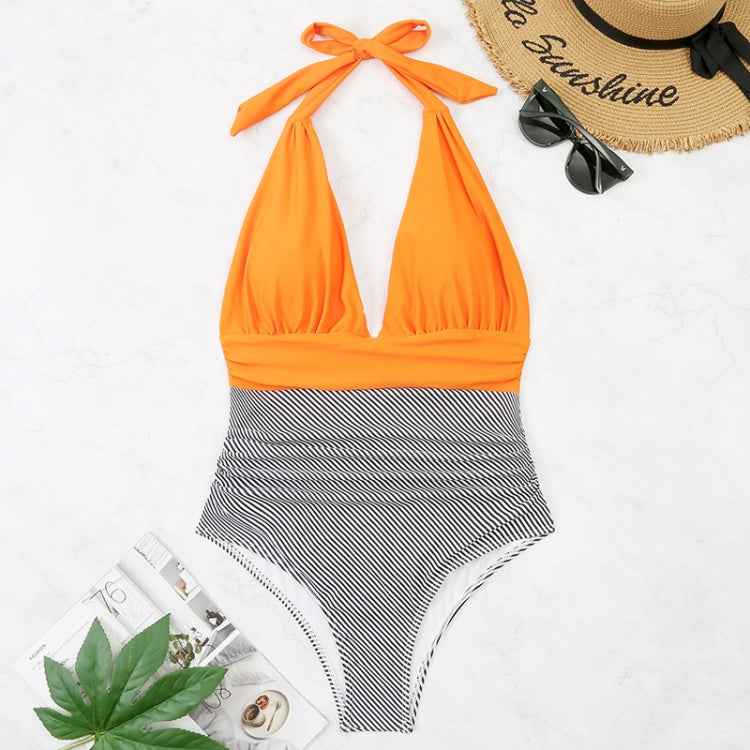 Summer One-piece Backless Lace-Up Ladies Swimsuit Floral-print Halter Bikini, S, M, L