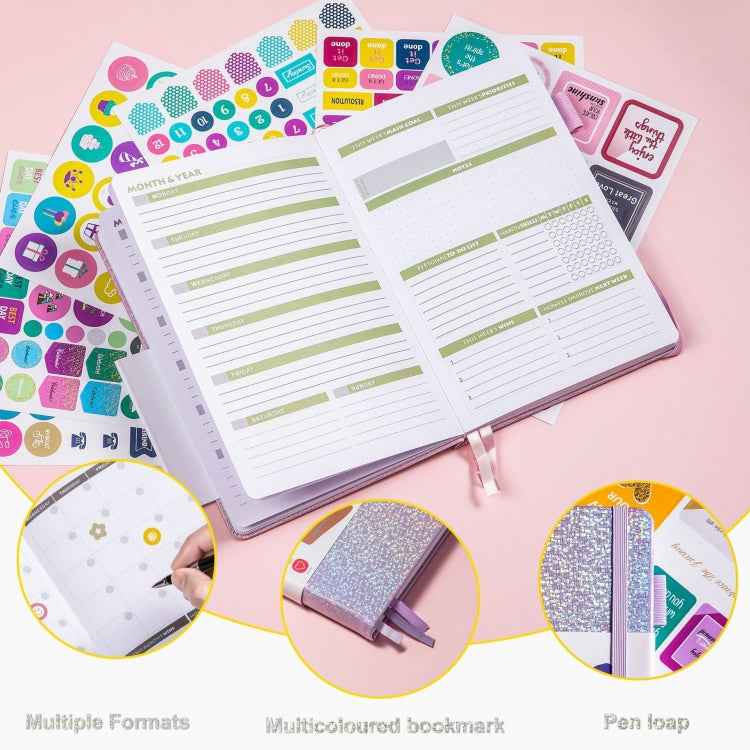 A5 Starry Sky Undated Planner Journal Financial Notebook, Purple, Blue, Gray, Pink, Yellow, Silver