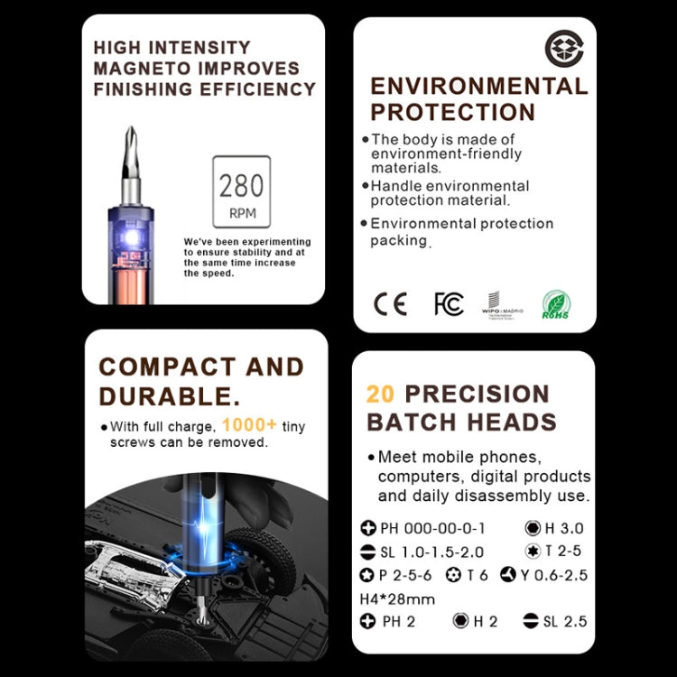 BAKU Worktop 280rpm/Min 0.35N.M Electric Screwdriver Set With 20 Bits