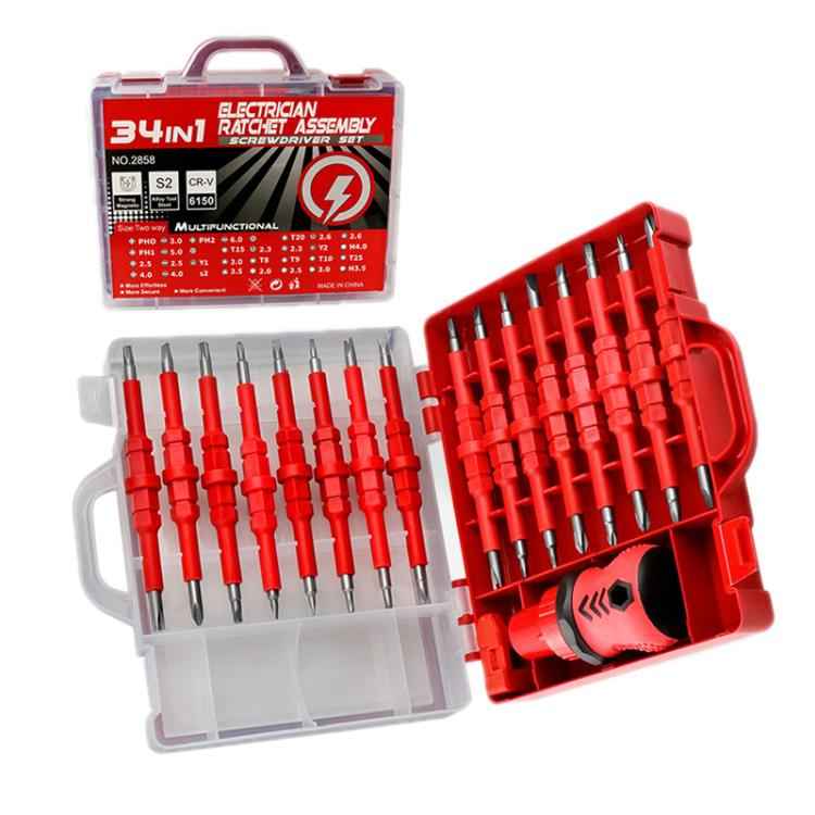 34 in 1 Manual Rubber-Coated Ratchet Screwdriver Repair Tool Set