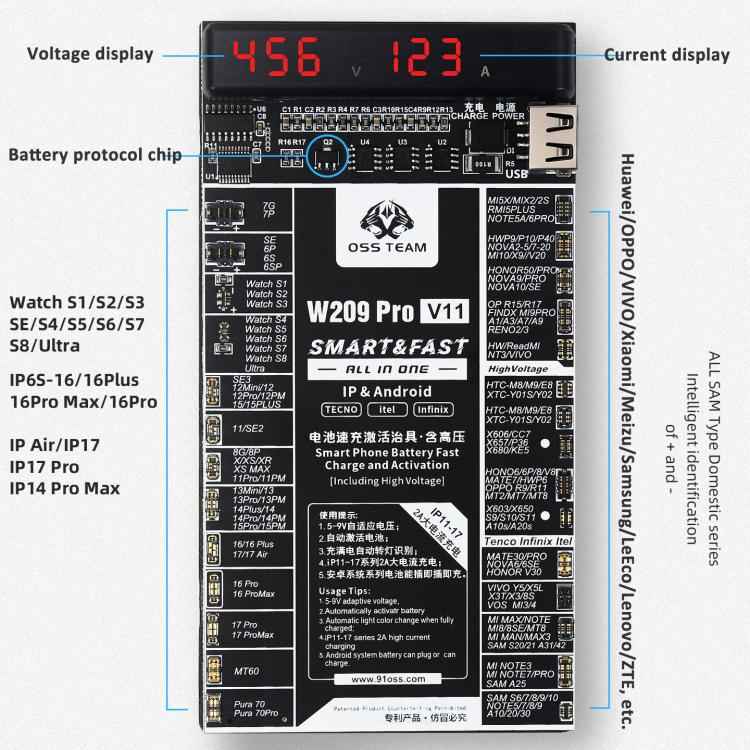 OSS TEAM W209 PRO V11 Battery Activator Board 7.4V High-Voltage for iPhone 6 To 17 Series & Android Devices
