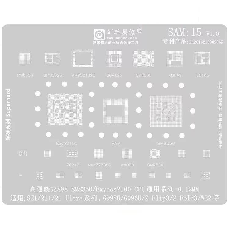 AMAOE For Samsung BGA Reballing Stencil Soldering Repair Tool, SAM15 S21/S21 Ultra, SAM16 A53/A536, SAM17 S22/S22 Ultra, SAM18 A14/A54, SAM19 S23/S24, SAM20 A156U/A156E, SAM21 S25/S25+