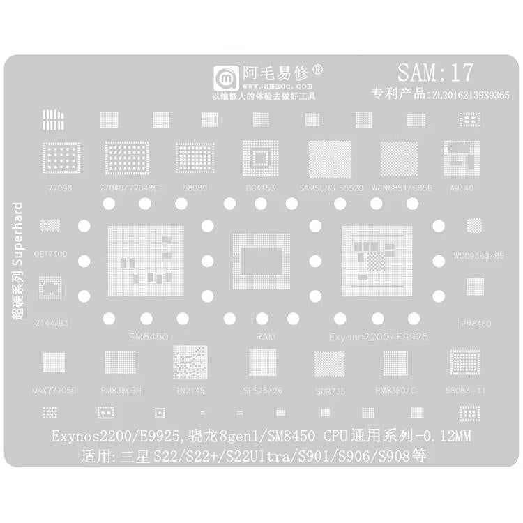 AMAOE For Samsung BGA Reballing Stencil Soldering Repair Tool, SAM15 S21/S21 Ultra, SAM16 A53/A536, SAM17 S22/S22 Ultra, SAM18 A14/A54, SAM19 S23/S24, SAM20 A156U/A156E, SAM21 S25/S25+
