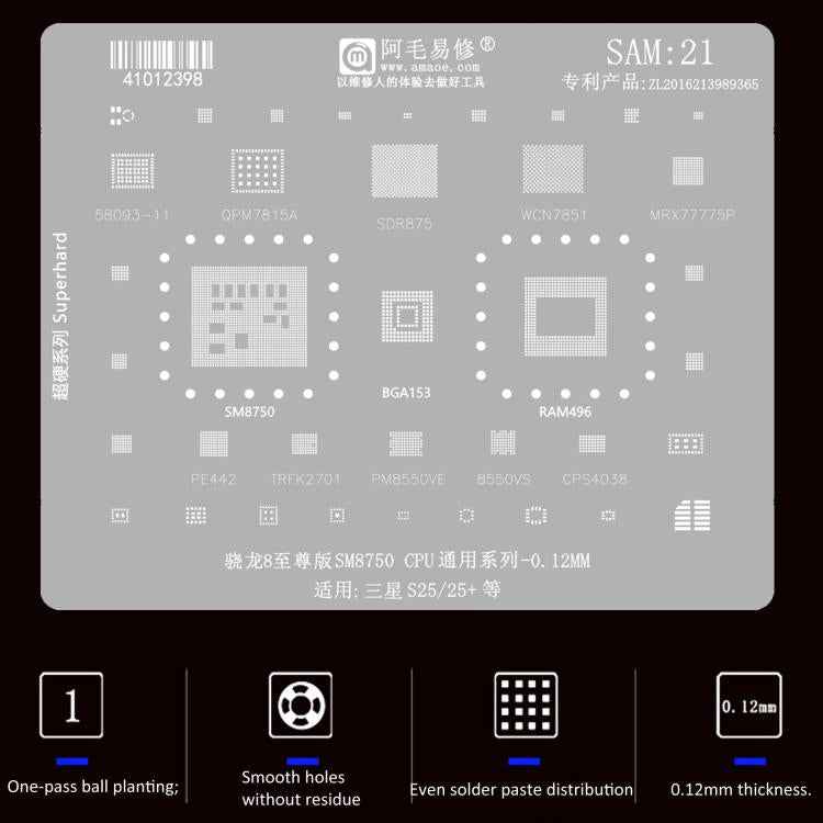 AMAOE For Samsung BGA Reballing Stencil Soldering Repair Tool, SAM15 S21/S21 Ultra, SAM16 A53/A536, SAM17 S22/S22 Ultra, SAM18 A14/A54, SAM19 S23/S24, SAM20 A156U/A156E, SAM21 S25/S25+