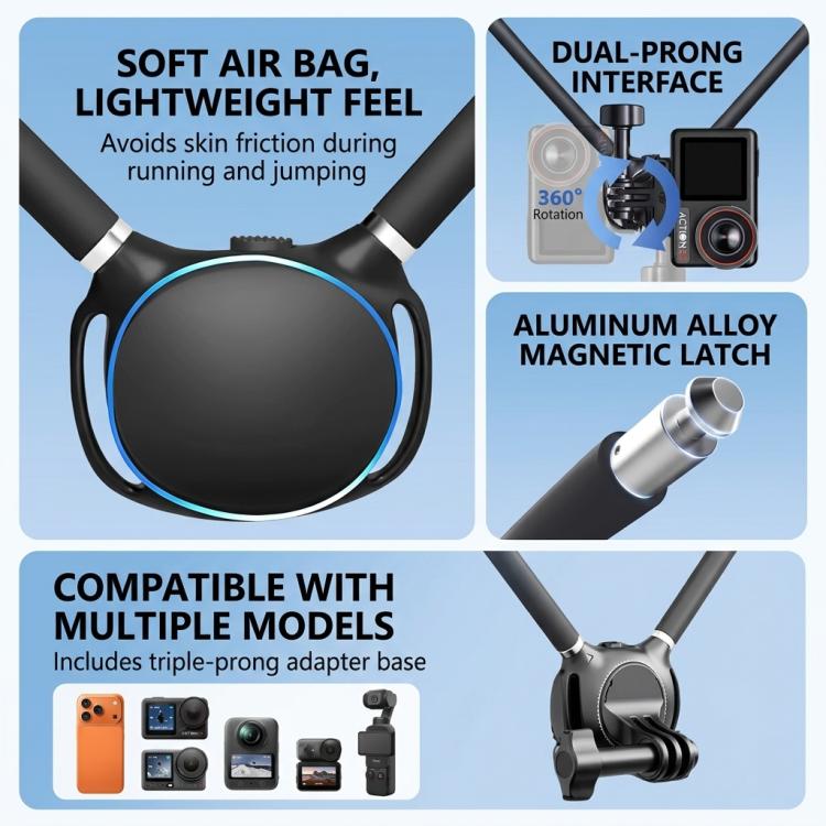 Neck Mount For Action Camera With 360-Degree Rotating Quick Release Base Air Cushion POV Necklace Holder With Anti-Shake Chest Strap