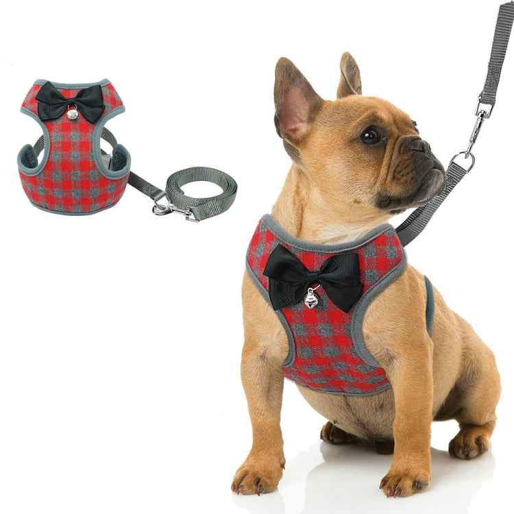 Adjustable Bow Plaid Vest Lead Pull Rope Leash for Cat Dog Pet, Red, Blue, Gray, Pink, Yellow