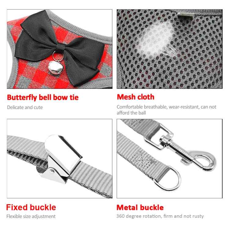 Adjustable Bow Plaid Vest Lead Pull Rope Leash for Cat Dog Pet, Red, Blue, Gray, Pink, Yellow
