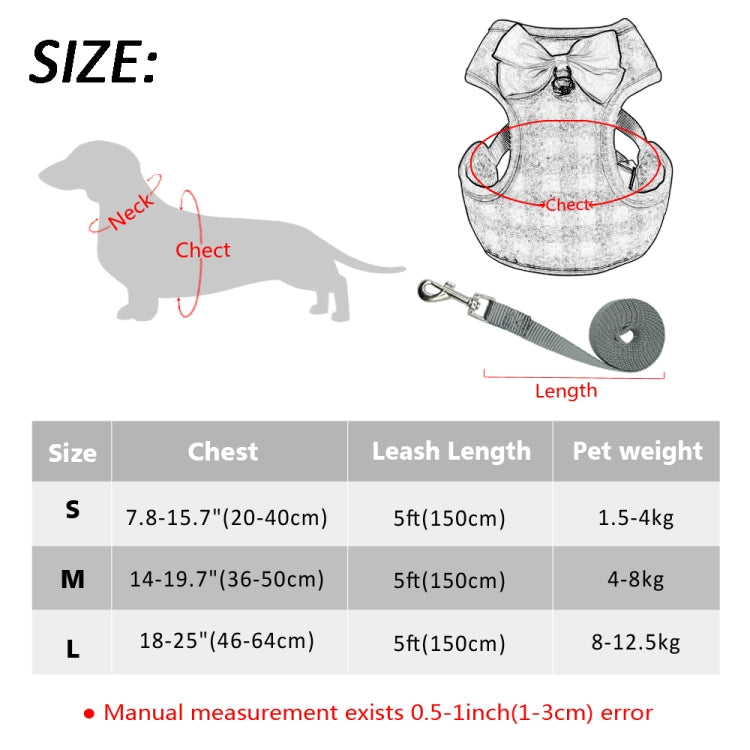 Adjustable Bow Plaid Vest Lead Pull Rope Leash for Cat Dog Pet, Red, Blue, Gray, Pink, Yellow