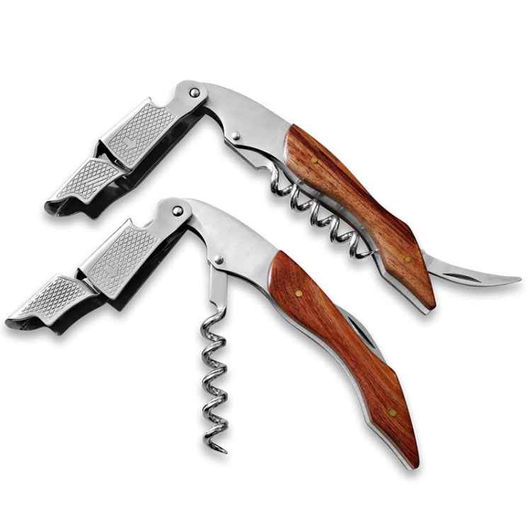 2 PCS Wood Handle Professional Multifunction Double Steel Head Portable Screw Corkscrew Wine Bottle Opener