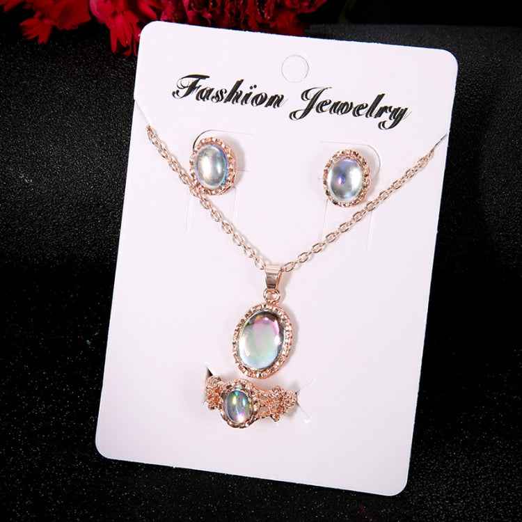 Women Opal Necklace Earrings Ring Crystal Jewelry Set
