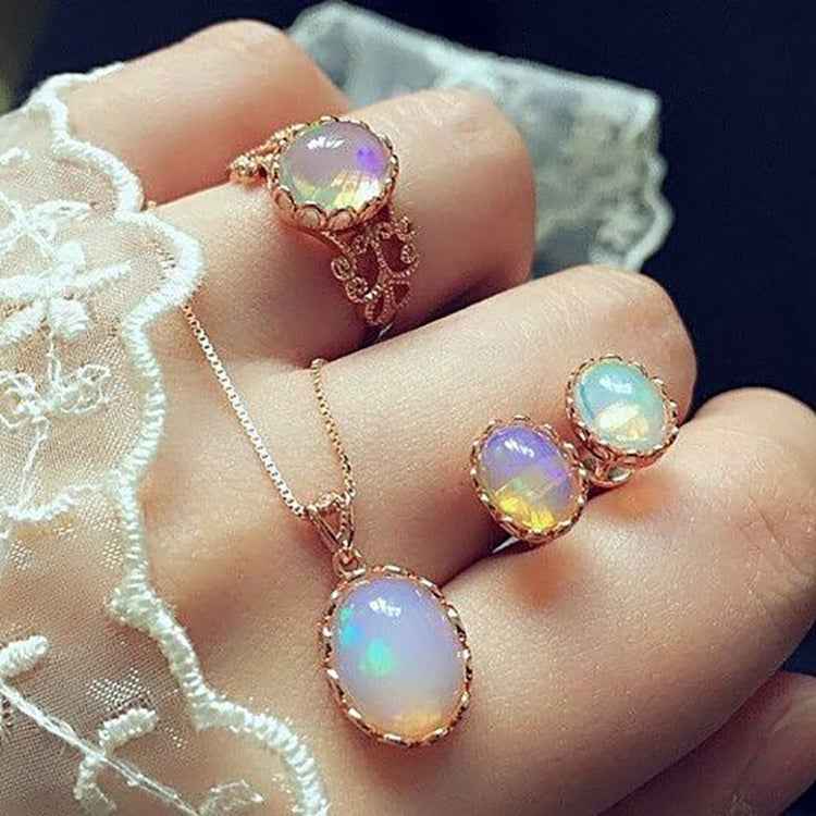 Women Opal Necklace Earrings Ring Crystal Jewelry Set