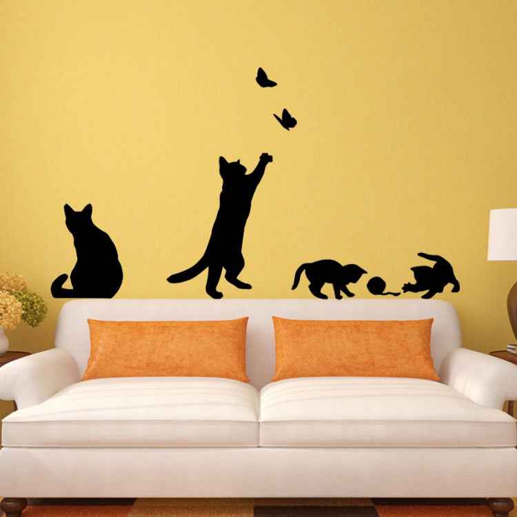 Cat Playing Butterfly Wall Sticker Detachable Decorative Applique Bedroom Kitchen Decoration