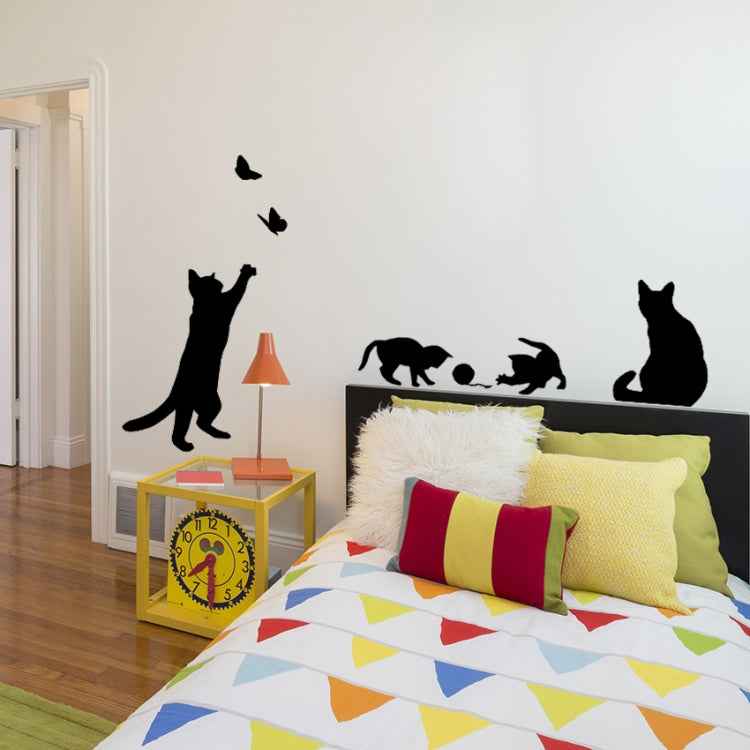 Cat Playing Butterfly Wall Sticker Detachable Decorative Applique Bedroom Kitchen Decoration