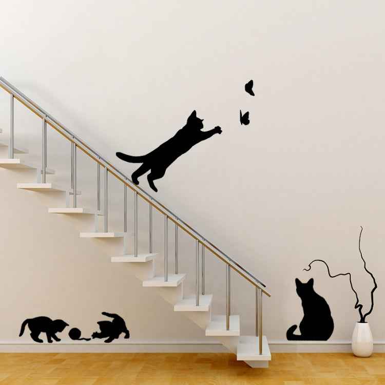 Cat Playing Butterfly Wall Sticker Detachable Decorative Applique Bedroom Kitchen Decoration