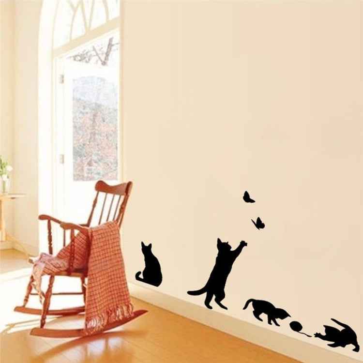 Cat Playing Butterfly Wall Sticker Detachable Decorative Applique Bedroom Kitchen Decoration