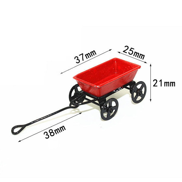 1:12 Mini Cute Dollhouse Miniature Metal Red Small Pulling Cart Garden Furniture Accessorie Toy For Home Decor Gift, Red Small Pulling Cart