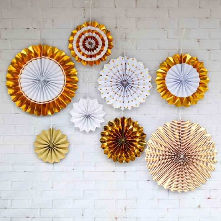 2 Sets Bronzing Paper Fan Flower Set Birthday Holiday Wedding Party Decoration, Bronzing 8pcs, Hot Silver 8pcs, Black 8pcs, Rose Gold 8pcs, Champagne Gold 8pcs, Colorful Hollow 8pcs, Bronzing 6pcs