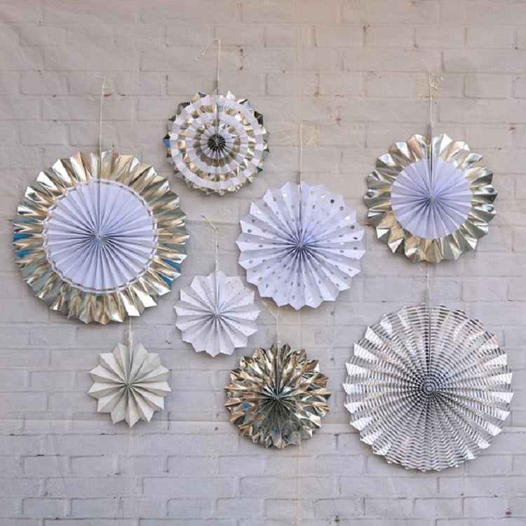 2 Sets Bronzing Paper Fan Flower Set Birthday Holiday Wedding Party Decoration, Bronzing 8pcs, Hot Silver 8pcs, Black 8pcs, Rose Gold 8pcs, Champagne Gold 8pcs, Colorful Hollow 8pcs, Bronzing 6pcs