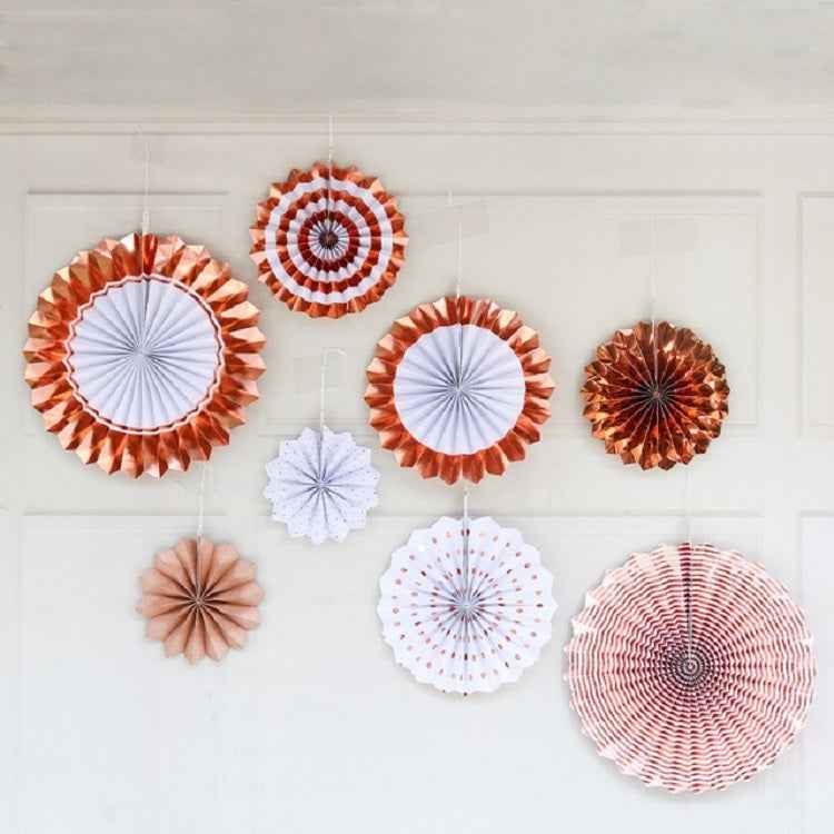 2 Sets Bronzing Paper Fan Flower Set Birthday Holiday Wedding Party Decoration, Bronzing 8pcs, Hot Silver 8pcs, Black 8pcs, Rose Gold 8pcs, Champagne Gold 8pcs, Colorful Hollow 8pcs, Bronzing 6pcs