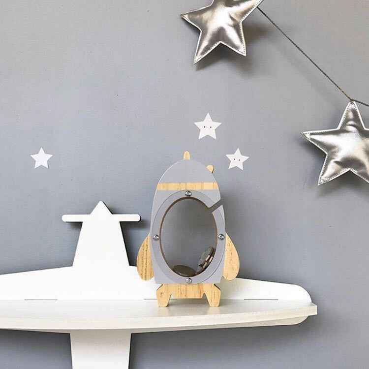 Nordic Wood Rocket Money Box Toys Living Room Decoration Piggy Bank