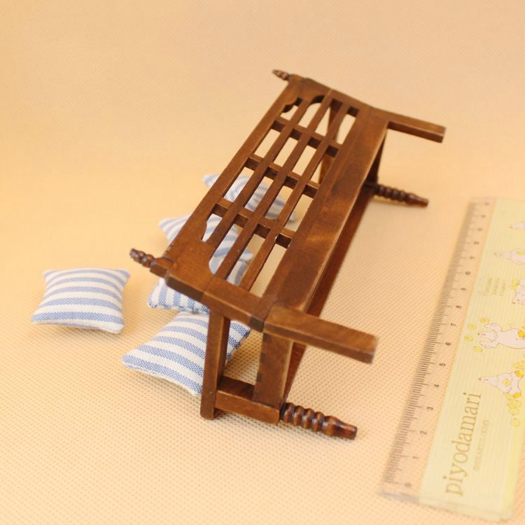 Mini Doll House Furniture Wooden Bench with Pillows, Wooden Bench