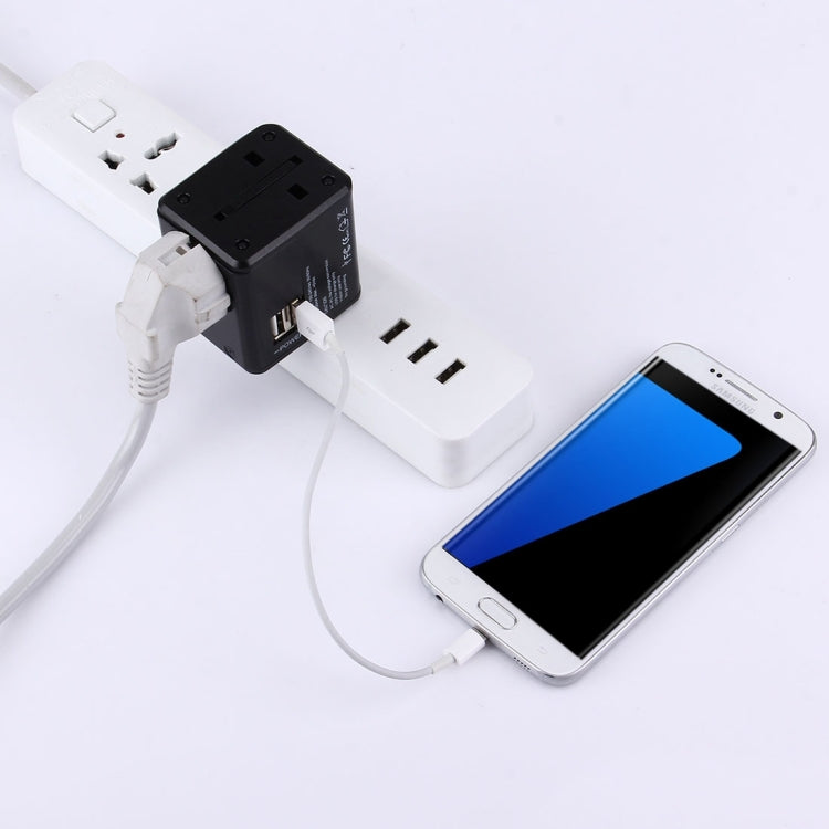 Adaptador de enchufes universales de viaje ocultables con dos puertos USB integrados y cargador para EE. UU., Reino Unido, Australia y la UE.