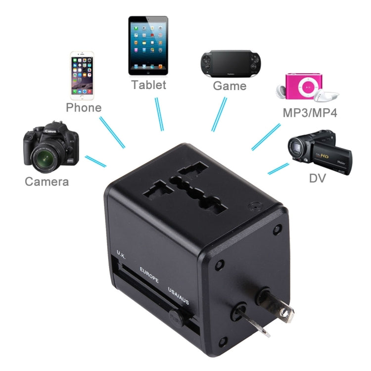 Adaptador de enchufes universales de viaje ocultables con dos puertos USB integrados y cargador para EE. UU., Reino Unido, Australia y la UE.